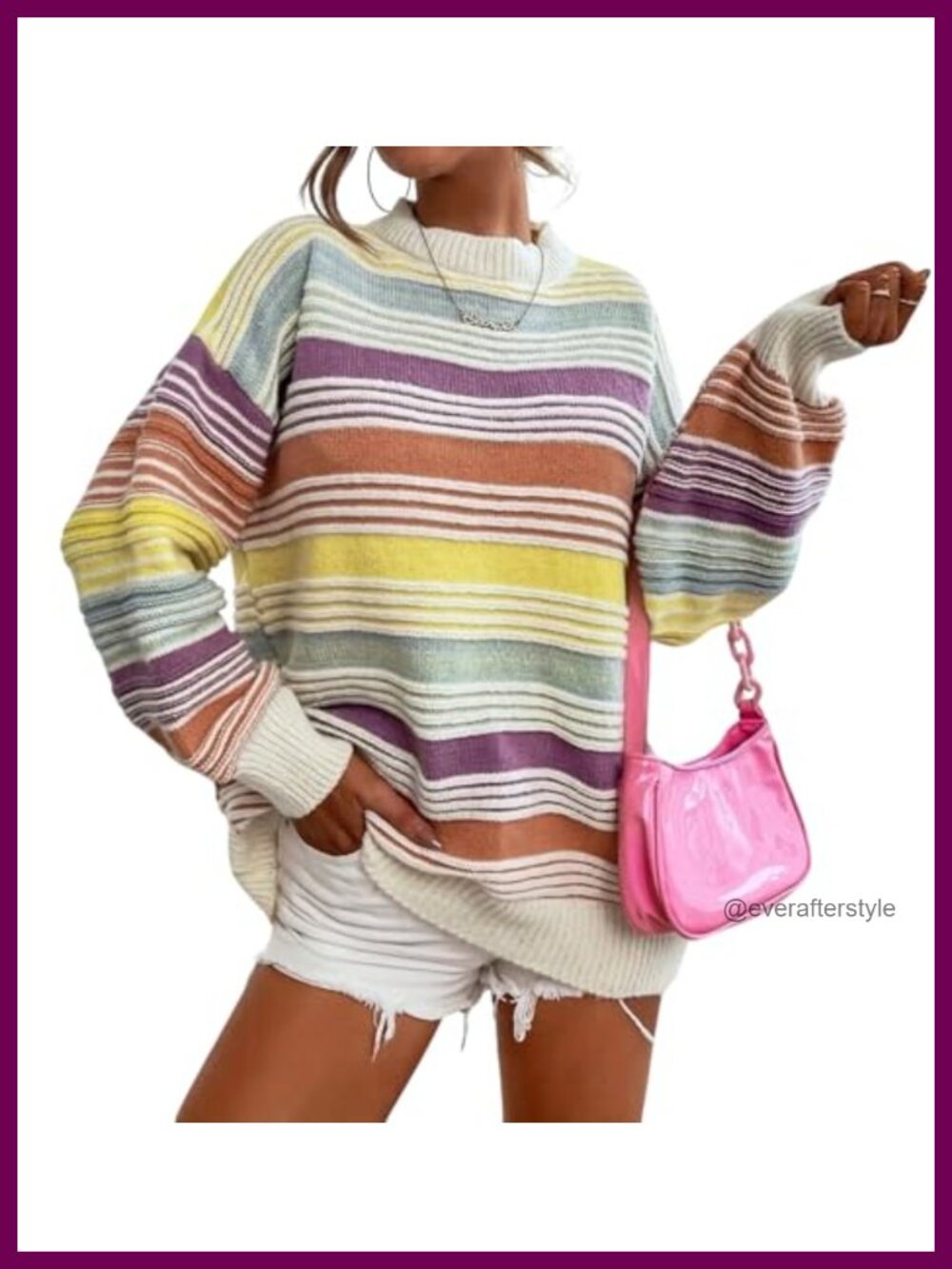 Oversized Contrast Striped Pullover Sweater Crew Neck Long Sleeve